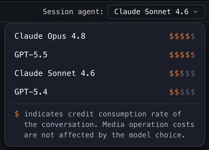 The agent model dropdown open in the chat header