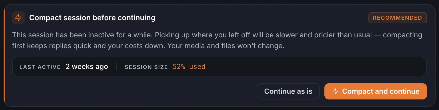 The Compact session before continuing prompt with its Compact / Continue as is buttons