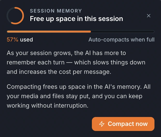 The context meter in the header with its popover showing remaining context
