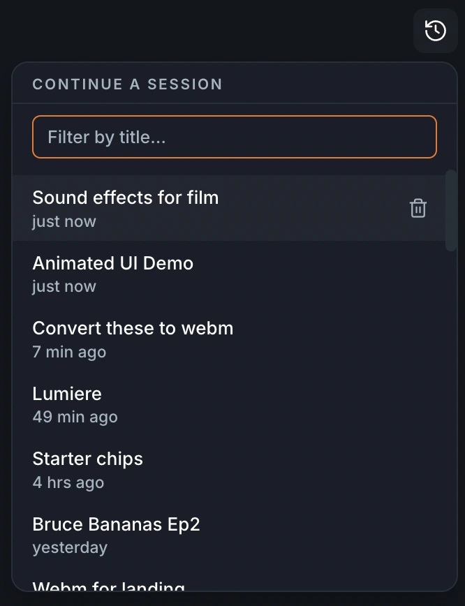 The Continue a session menu listing past sessions with their last-active times