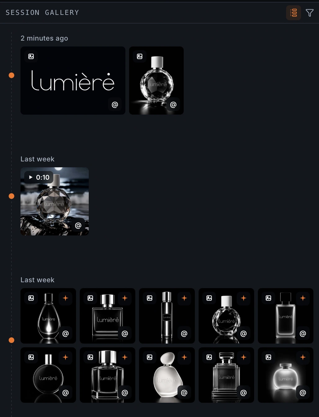 The session gallery with media thumbnails and the grid / timeline toggle