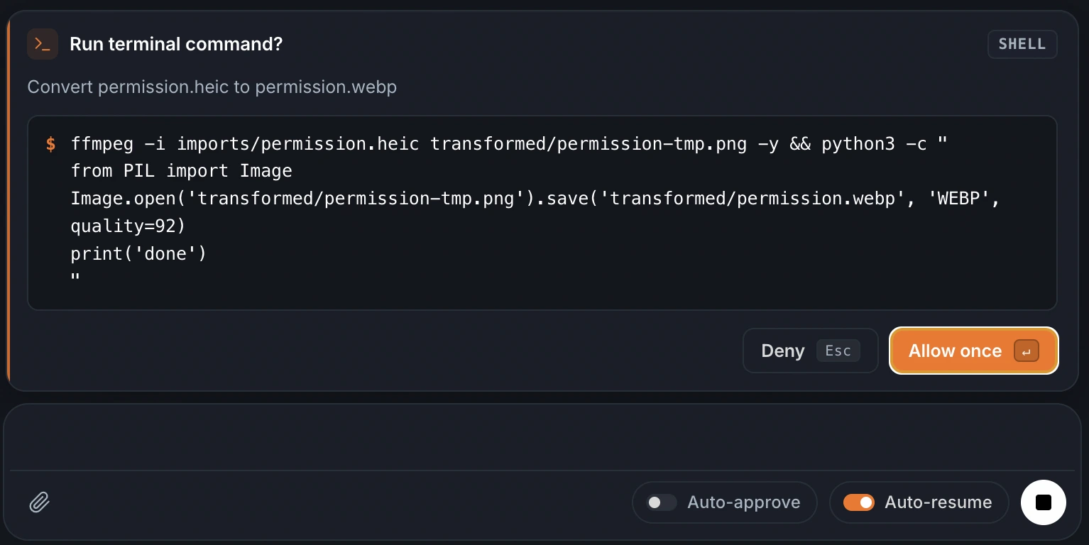 The Run terminal command? dialog with the command, its description, and Allow once / Deny