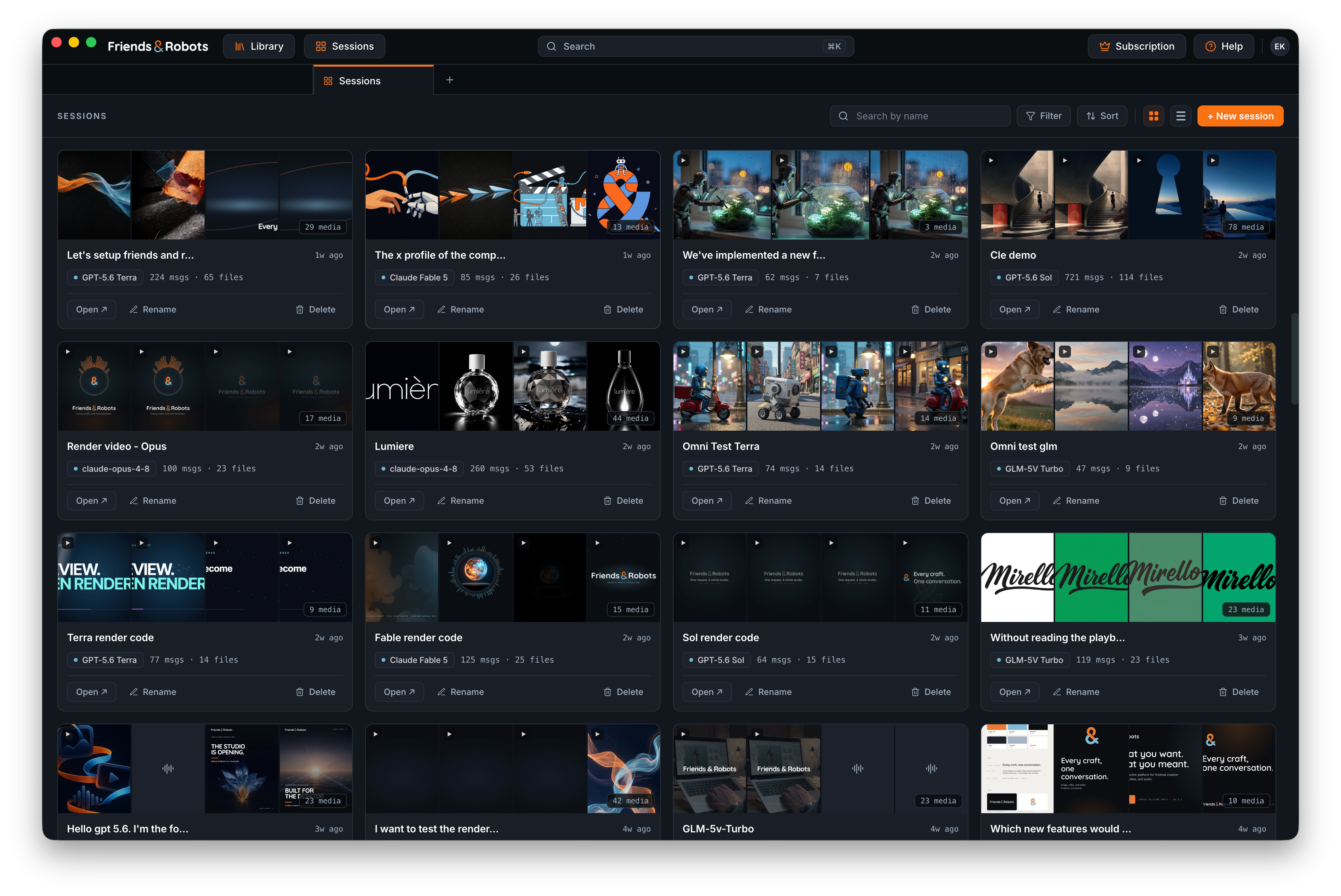 The Library: reusable items like brand kits and character sheets — images, audio, and docs the agent can pull into any session