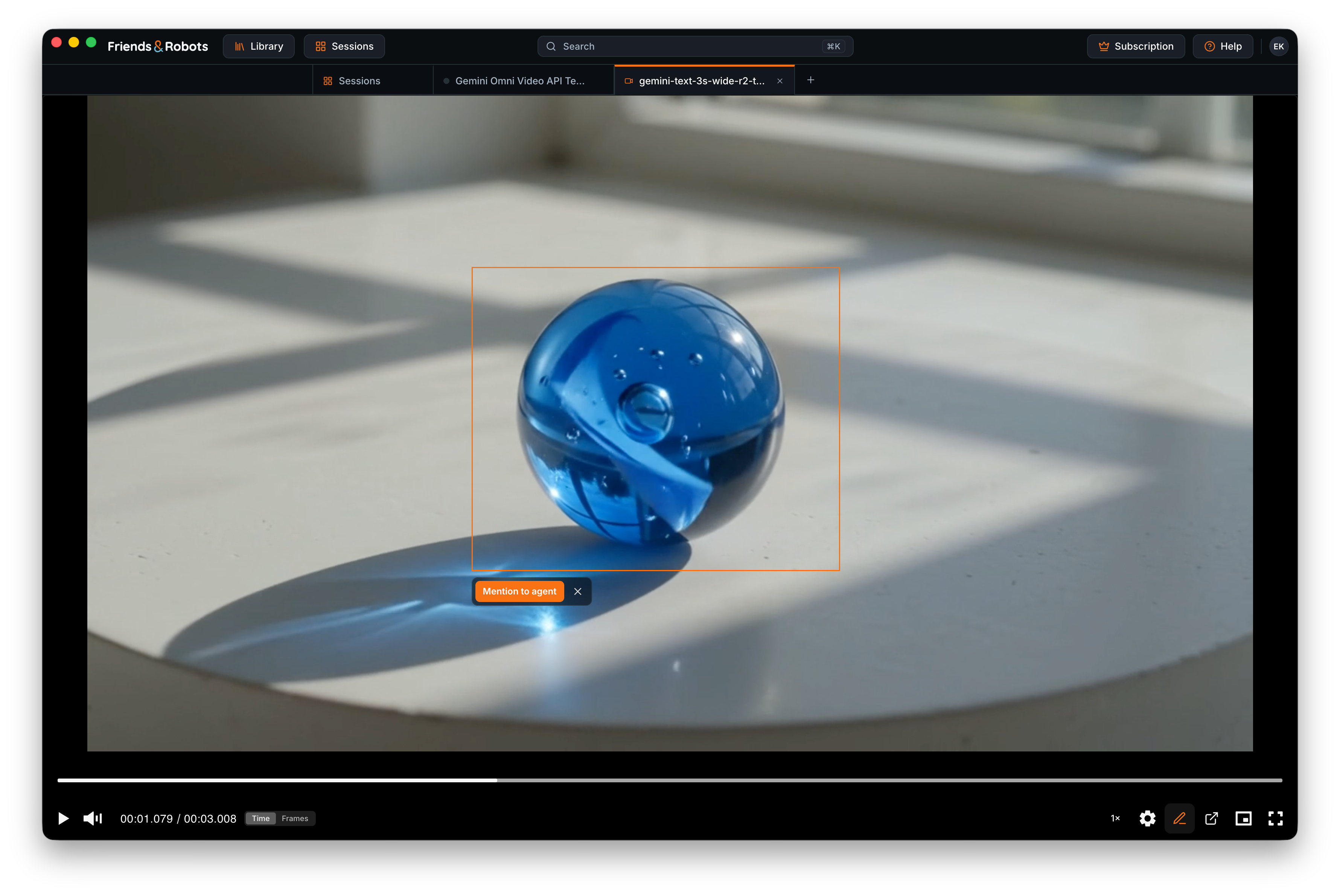 The video player: a region of a frame selected and mentioned to the agent for a precise edit