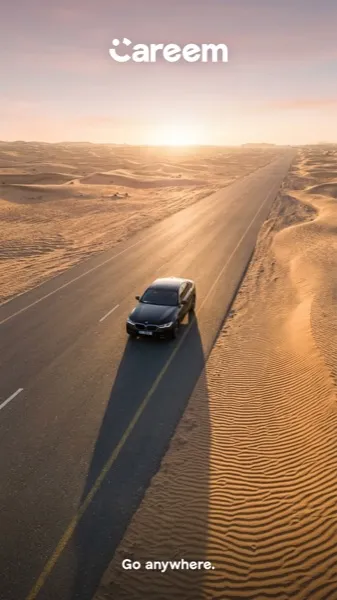 Demonstration static ad for Careem: a car on an empty desert highway with the line Go anywhere