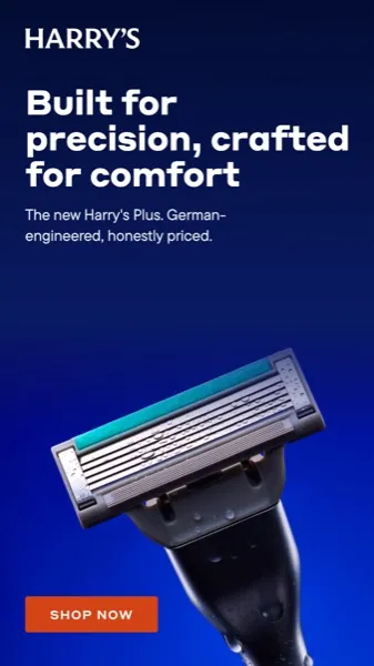 Demonstration static ad for Harry's: a razor cartridge close-up with the line Built for precision, crafted for comfort