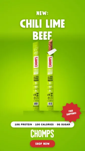 Demonstration static ad for Chomps: a new Chili Lime beef stick on a bright green field