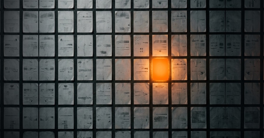 A Google Display image asset: a wall of grey ads with one glowing orange, composed for a wide landscape frame